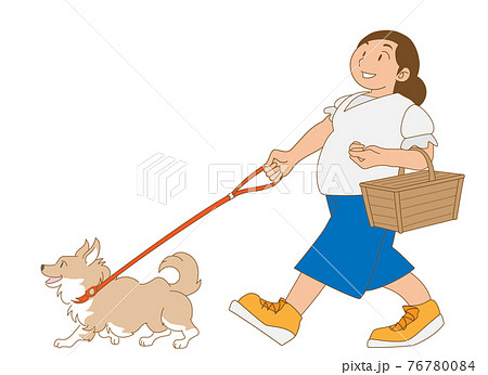 犬と散歩を楽しむ主婦のイラスト素材