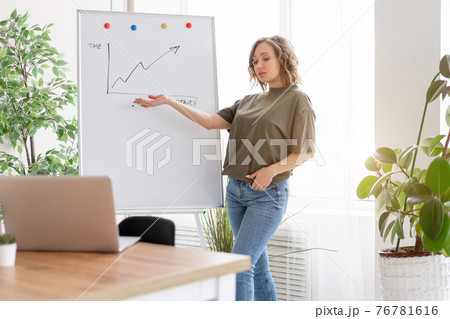 Online flipchart presentation in the office, webinar, online meeting. Young business woman speaks to the audience video call, video connection Online flipchart presentation in the office, webinar, online meeting. Young business woman speaks to the audience video call, video connection 76781616