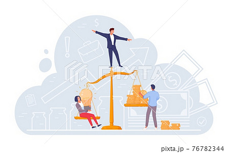 People measuring money coin and idea light bulb on scale People measuring money coin and idea light bulb on scale 76782344