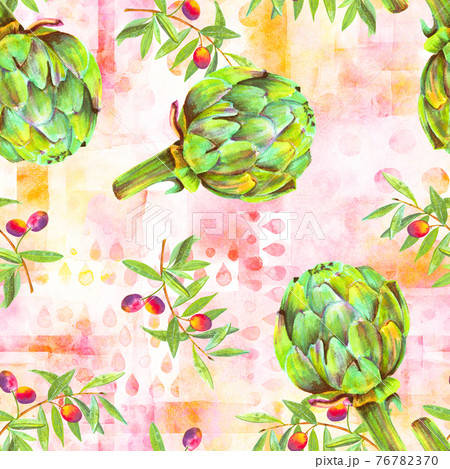 A seamless watercolor pattern of vibrant olive tree branches with olives and artichokes 76782370
