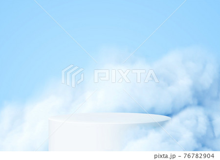 Blue background with a product podium surrounded by blue clouds. Smoke, fog, steam background. Vector illustration 76782904