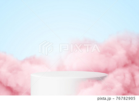 Blue background with a product podium surrounded by pink clouds. Smoke, fog, steam background. Vector illustration 76782905
