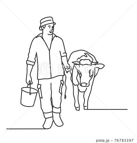 Farmer in hat with bucket and cow. 76783397