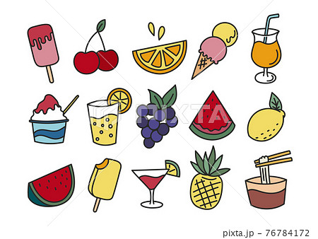 夏の食べ物と飲み物のイラスト カラー線ありのイラスト素材