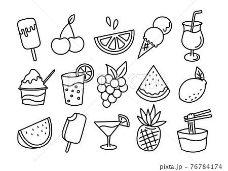 夏の食べ物と飲み物のイラスト 線画のイラスト素材