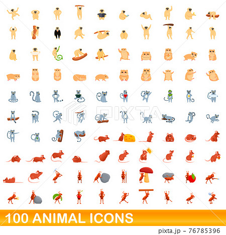 100 animal icons set, cartoon style 76785396