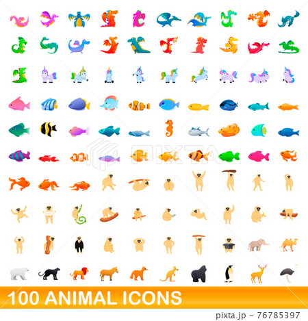 100 animal icons set, cartoon style 76785397
