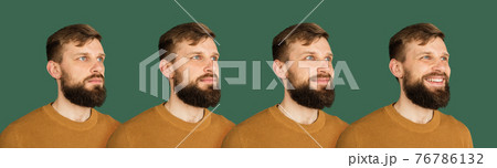 Evolution of emotions. Caucasian man's portrait isolated over green studio background with copyspace Evolution of emotions. Caucasian man's portrait isolated over green studio background with copyspace 76786132