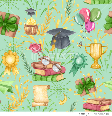 Graduation seamless pattern. graduation cap, flowers and stack of books. Hand drawn school supplies background 76786236