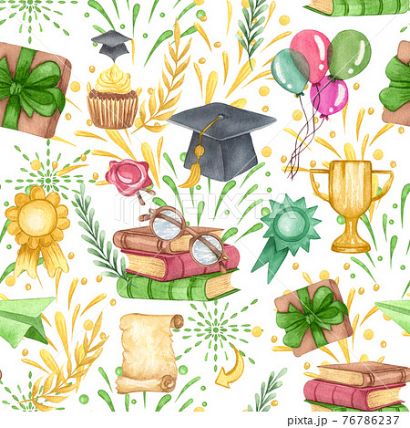Graduation seamless pattern. graduation cap, flowers and stack of books. Hand drawn school supplies background 76786237