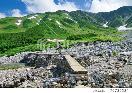 雷鳥沢キャンプ場から剣御前、剱岳を目指すルート　称名川を渡る小橋 76786584