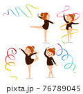 Little girl gymnast practicing with.a ribbon on white background set 76789045
