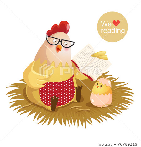 Cartoon hen and chick reading a book Cartoon hen and chick reading a book 76789219