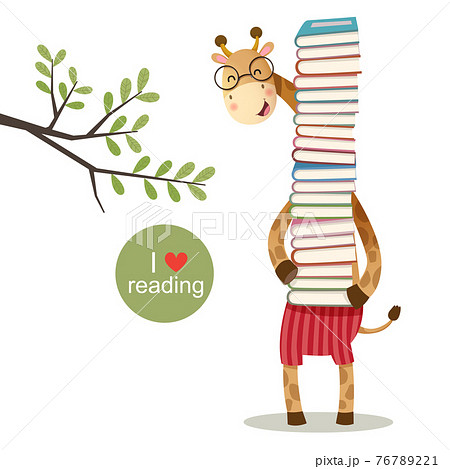 Cartoon giraffe holding a pile of books Cartoon giraffe holding a pile of books 76789221