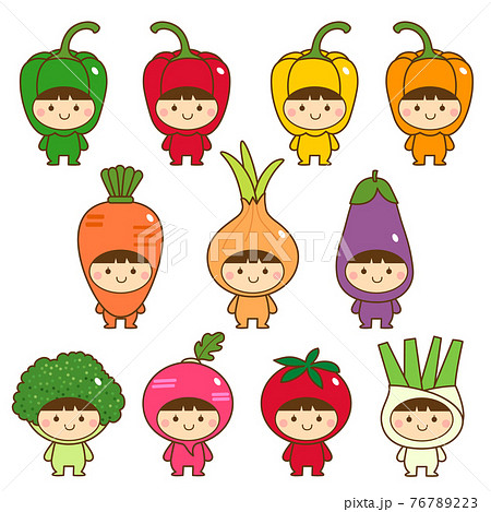 Set of kids in cute vegetables costumes 76789223