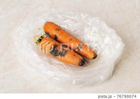 Black mold stains on two raw carrots in a plastic bag on a kitchen table. Black mold stains on two raw carrots in a plastic bag on a kitchen table. 76790074