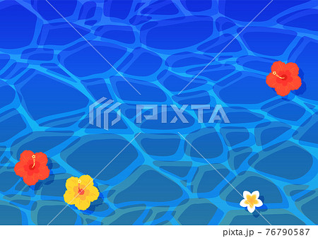 ハイビスカスとプルメリアが浮かぶ青い水面のイラストのイラスト素材