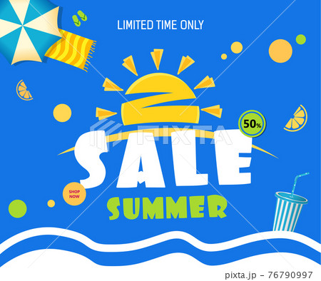 Bright Sale banner template blue design with summer sun. Text sale Summer, Bright Sale banner template blue design with summer sun. Text sale Summer, 76790997