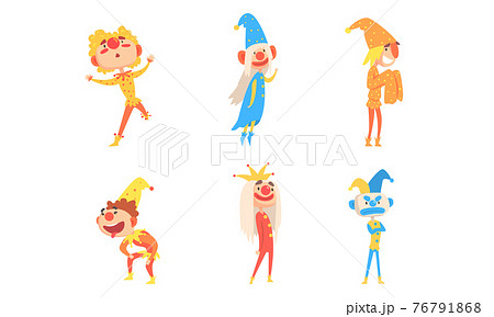 Funny Jesters Set, Comedians and Clowns Dressed Colorful Costumes Cartoon Vector Illustration 76791868