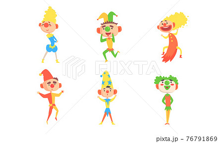 Circus Clowns Set, Funny Comedians and Jesters Cartoon Characters Performing in Colorful Costumes Vector Illustration 76791869