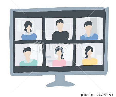 テレビ会議の画面に映る人々のイラスト素材