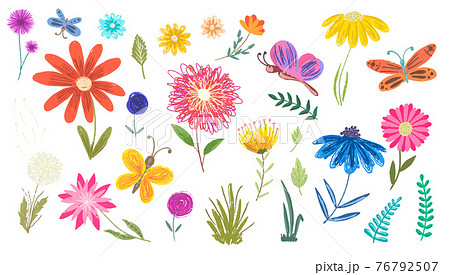 Set of cute sketch flowers and butterflies Set of cute sketch flowers and butterflies 76792507