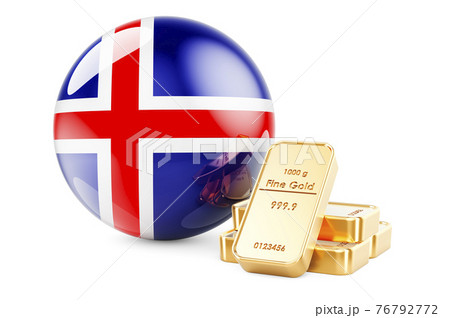 Golden ingots with Icelandic flag. Foreign-exchange reserves of Iceland concept. 3D rendering Golden ingots with Icelandic flag. Foreign-exchange reserves of Iceland concept. 3D rendering 76792772
