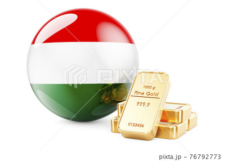 Golden ingots with Hungarian flag. Foreign-exchange reserves of Hungary concept. 3D rendering Golden ingots with Hungarian flag. Foreign-exchange reserves of Hungary concept. 3D rendering 76792773