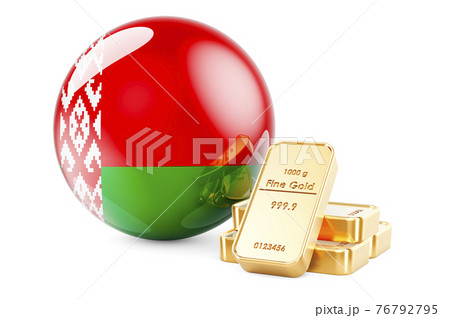 Golden ingots with Belarusian flag. Foreign-exchange reserves of Belarus concept. 3D rendering Golden ingots with Belarusian flag. Foreign-exchange reserves of Belarus concept. 3D rendering 76792795