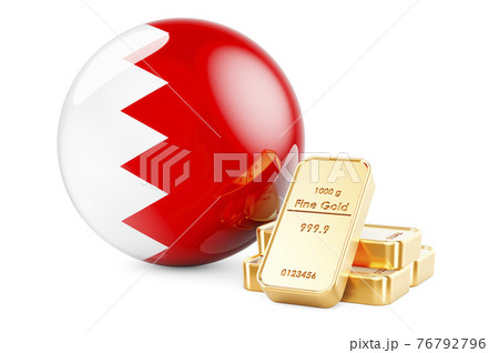 Golden ingots with Bahraini flag. Foreign-exchange reserves of Bahrain concept. 3D rendering Golden ingots with Bahraini flag. Foreign-exchange reserves of Bahrain concept. 3D rendering 76792796