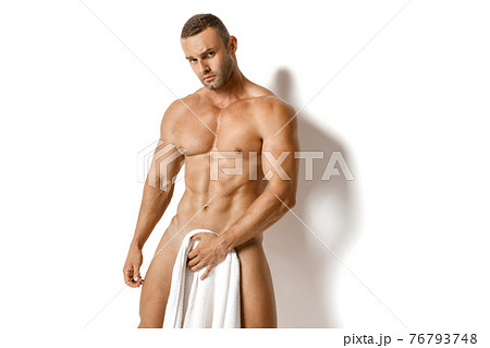 Sexy sport muscle fit strongface guy with white towel on whiteisolated  font background  76793748