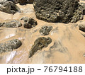 Sea coast, large gray stones on golden sand, washed by a wave 76794188