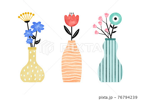 いろいろな花瓶とお花のセット 水彩ベクターイラストのイラスト素材