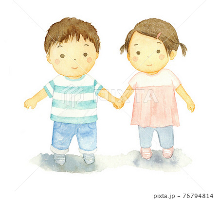 手をつないで歩く男の子と女の子 水彩イラスト 影付きのイラスト素材