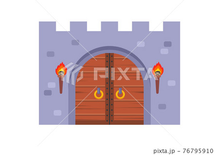 old wooden castle gate on a white background. 76795910