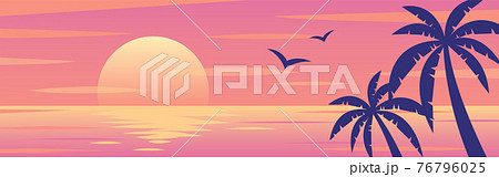 ビーチの夕焼けとヤシの木のイラストの背景素材のイラスト素材