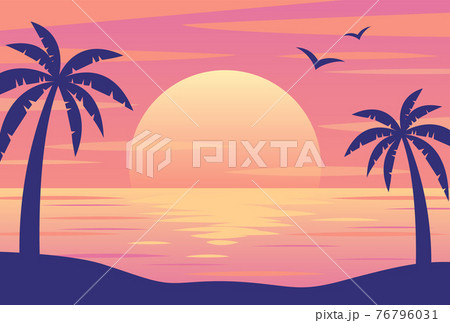 ビーチの夕焼けとヤシの木のイラストの背景素材のイラスト素材