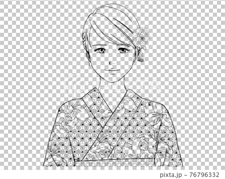 浴衣の女性の線画 上半身 正面 のイラスト素材