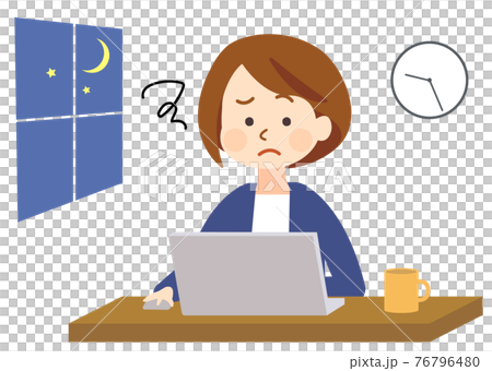 残業で夜遅くまでパソコンを操作する女性のイラスト素材