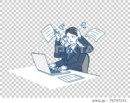仕事が忙しい　繁忙期　スーツ姿の男性　デスクワーク　会社員　イラスト素材 76797241