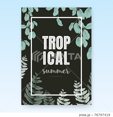 Summer poster template design, tropical green leaves on dark grey background, pastel vintage style 76797419