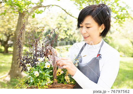 ガーデニング・寄せ植えをする日本人女性 ガーデニング・寄せ植えをする日本人女性 76797562
