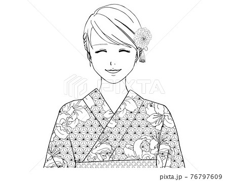 笑顔の浴衣の女性の線画（上半身、正面） 76797609