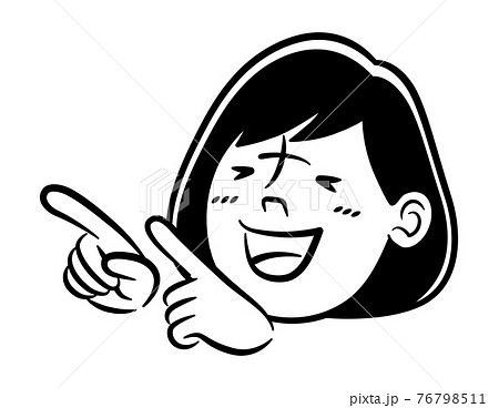 両手で指差しする女性のモノクロイラストのイラスト素材