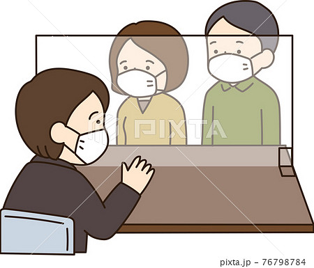 感染防止のため 飛沫防止の仕切りのある場所でマスクを着用して相談する客と社員のイラスト素材