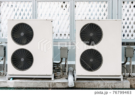 Cooling Air Condition Unit and Control System, Air Condenser Engine Station Outside Building of HVAC Systems. Electrical Compressor Fan Coil of Air Conditioning Equipment for Home Residential Units. 76799463