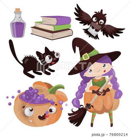 HALLOWEEN CHARACTERS Hand Drawn Flat Design Cartoon Clip Art Magic Horror Holiday Vector Illustration Set For Print 76800214