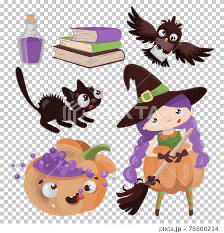 HALLOWEEN CHARACTERS Hand Drawn Flat Design Cartoon Clip Art Magic Horror Holiday Vector Illustration Set For Print 76800214