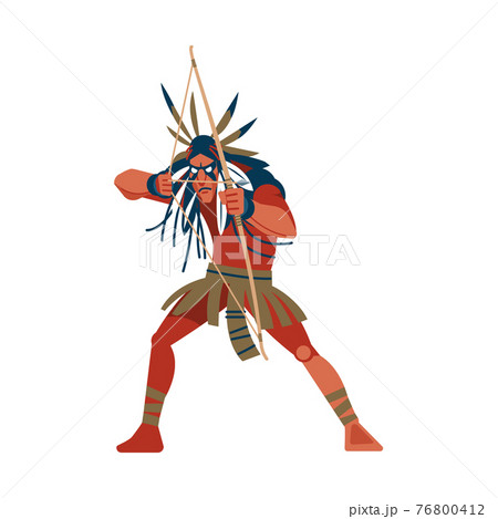Native American Indian warrior man shooting a bow, tribe member in traditional ethnic clothes and headband with feather. Cartoon, flat vector illustration isolated in white background 76800412