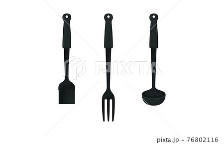 Black Kitchen Utensil with Ladle and Serving Fork Vector Set Black Kitchen Utensil with Ladle and Serving Fork Vector Set 76802116